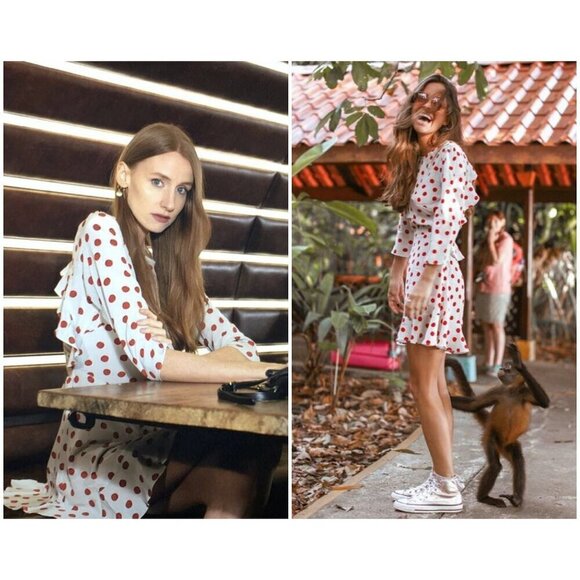 💕REALISATION PAR💕 Goldie Cherry Dress ~ Red Polka Dot Print XS 100% Silk - Picture 4 of 16